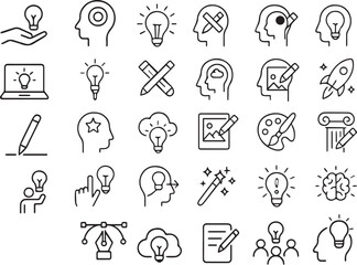 Fototapeta premium Creativity Line Icon Set, Editable Vector Icons for Design, Innovation, Ideas, Imagination, Inspiration, Originality