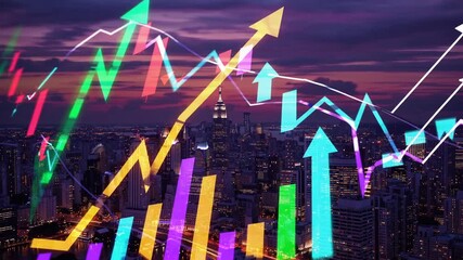 financial data graph overlay on city skyline showing upward trend and growth arrows, conveying business growth - Powered by Adobe