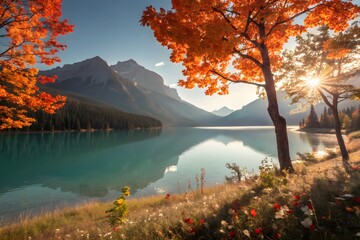 Fototapeta premium Golden autumn mountain lake reflection with sunburst through trees