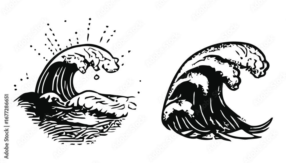 Fototapete Two stylized waves in black and white with splash and curl details rendered in vector graphics style art