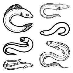 Fototapeta premium Eel Fish Silhouette Vector Set – Marine Animal Illustrations, Aquatic Sea Life Outline Icons