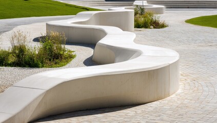 Serpentine concrete benches wind through a sun-drenched plaza, interspersed with drought-tolerant landscaping and light-colored paving