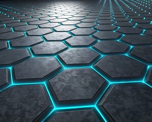 Futuristic hexagonal grid with glowing blue lines and light rays