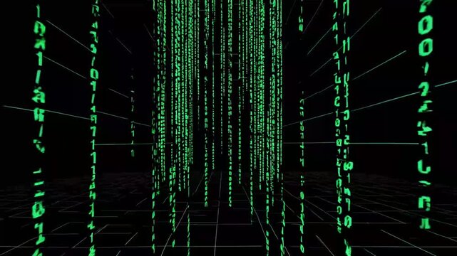 Falling digital binary code in the style of the Matrix film within technological cyberspace environment, in 3D
