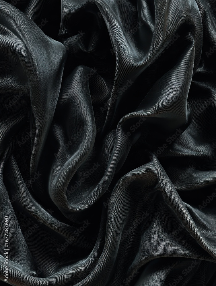 Poster a black silky material with folds and wrinkles that create a dynamic texture