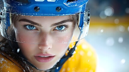 Young female hockey player focused on the game in an indoor rink during a snowy day