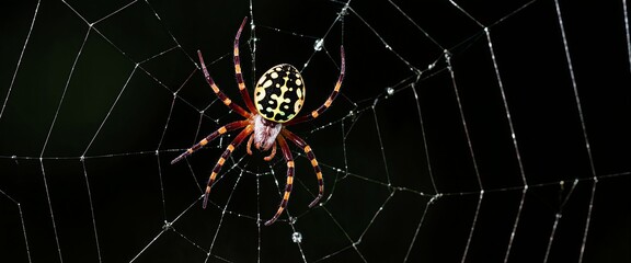 A vibrant spider with a yellow and black pattern sits atop its intricate web, showcasing the beauty and complexity of natures craftsmanship