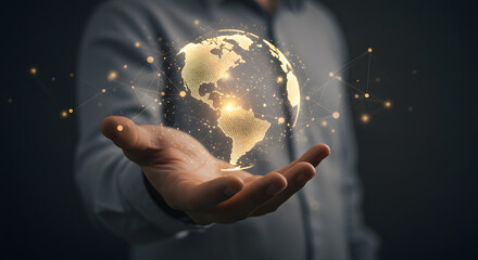 Hand holding a digital earth globe showing global connection and future technology representing the globalization of
