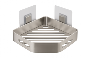 Photo of modern aluminum corner shower caddy shelf with adhesive hooks, isolated on transparent background