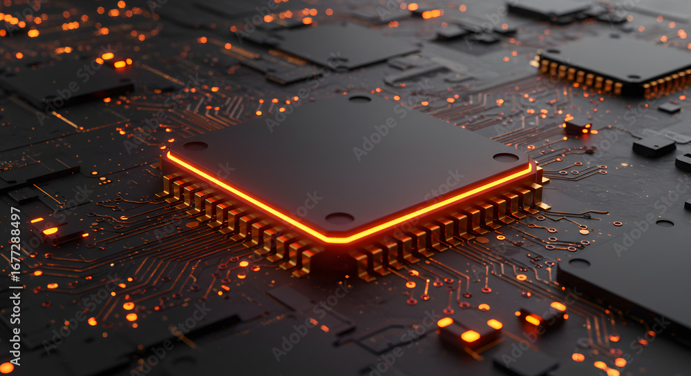 Poster illuminated digital circuit board showcasing intricate components and orange glowing pathways signal