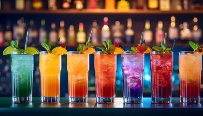 a row of colorful cocktails beautifully presented on a bar the drinks vary in color and garnish creating an enticing scene