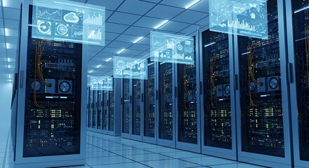 Modern Data Center with Advanced Server Racks and Holographic Displays, Ideal for Tech Innovation, Cloud Computing, or IT Infrastructure, Showcasing Futuristic Technology and Connectivity.