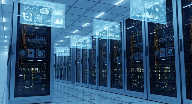 Modern Data Center with Advanced Server Racks and Holographic Displays, Ideal for Tech Innovation, Cloud Computing, or IT Infrastructure, Showcasing Futuristic Technology and Connectivity. - Powered by Adobe