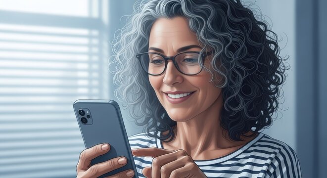 Happy mature woman with curly gray hair using a modern smartphone.