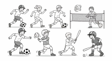 Illustrations of children playing soccer, volleyball, and baseball.
