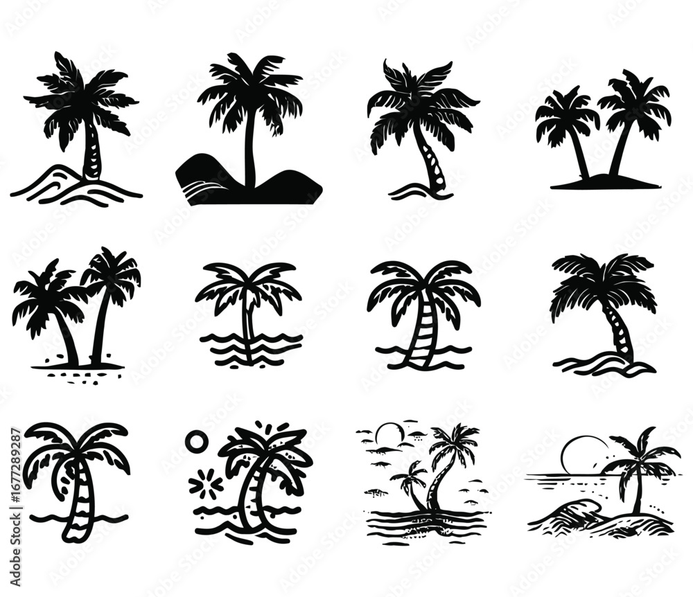 Poster collection of twelve black and white palm tree illustrations in varying styles and compositions show