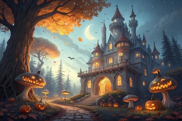 Enchanting halloween castle scene with jack o lanterns and spooky forest