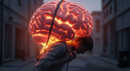 Man carrying a giant glowing brain representing mental burden and stress