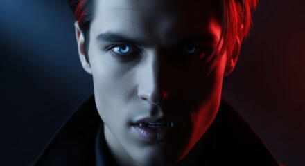 A Close-up Portrait of a Young Man with Striking Blue Eyes, Illuminated by Dramatic Red and Blue Lighting, Showcasing Intense Emotions