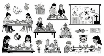 Children engaged in various creative activities, including drawing, building, and crafting together.