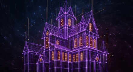 A Stunning Digital Representation of a Haunted Mansion, Illuminated in Purple Light Against a Starry Night Sky