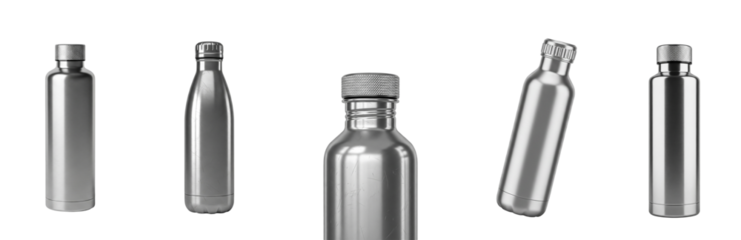 Collection of Stainless Steel Reusable Bottles Isolated on a Transparent Background