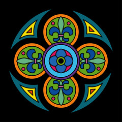 Colorful stained glass window with floral patterns and abstract shapes flat vector illustration. Circular stained glass window design. 