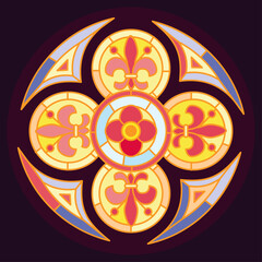 Colorful stained glass window design in flat style featuring patterns vector art. Colorful stained glass window with floral patterns and abstract shapes flat vector illustration. 