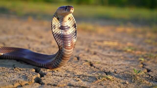 Puffed cobra on dry ground