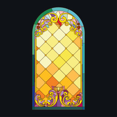 Vibrant stained glass window design in detailed flat style vector art. Vibrant Stained Glass Window Art Displaying Colorful Patterns. 