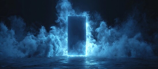 Ethereal blue-lit rectangular portal shrouded in mystical fog, reflecting on a dark, wet surface