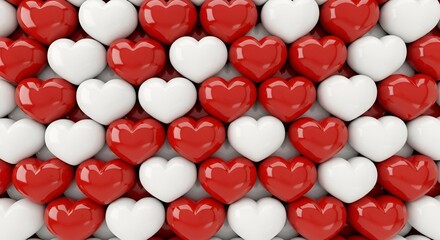 Vibrant 3D background featuring a pattern of red and white heart shapes, perfect for Valentine’s Day, love themes, romantic designs, and heartfelt celebrations.