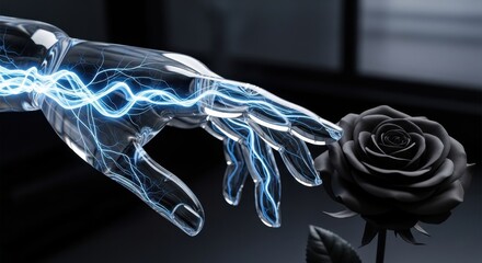 A Futuristic Glass Hand Reaches Out Towards a Black Rose, Symbolizing the Intersection of Technology and Nature