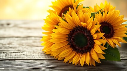 A rustic wooden surface holds a sunflower bouquet glowing with warm golden backlight.