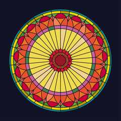 Gothic stained glass window with floral and geometric patterns. Colorful stained glass window design in flat style featuring patterns vector art. Circular stained glass window.