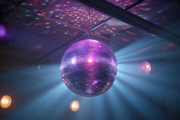 Fototapeta premium a large disco ball with purple lights on the ceiling 