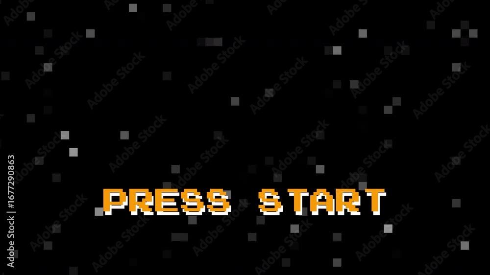 Poster pixel art press start intro screen with 8-bit zoom animation, retro arcade look on a black backgroun