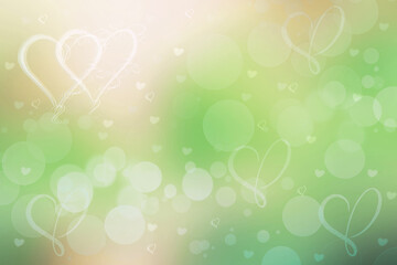 Abstract festive blur bright green yellow pastel background with hearts love bokeh for Mothers day, valentine or wedding card. Space for design. Card concept.