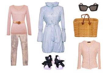 Collage woman clothes. Set of luxurious and stylish elegant female trendy jacket, a blouse or shirt, a handbag, a jeans, boots or shoes and other accessories isolated. Latest fashion trends.