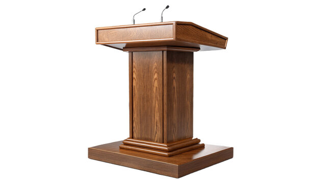 A wooden podium with two microphones standing against a black background in a studio setting
