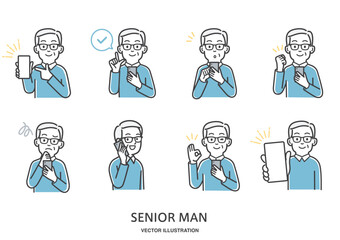 スマートフォンを操作する年配の男性のイラストセット