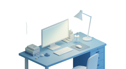 Adhd focus tools in remote work modern minimalist desk setup with computer, keyboard, and lamp isolated on transparent background