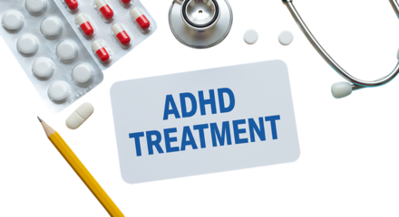 Adhd focus tools in remote work adhd treatment concept with medication, stethoscope, and pencil isolated on transparent background