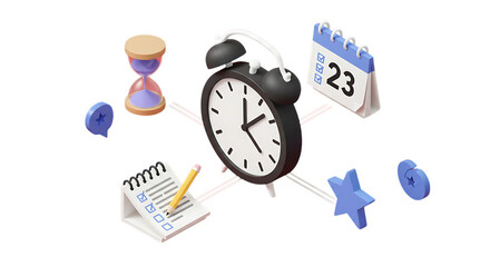 Adhd focus tools in remote work time management concept with alarm clock, hourglass, and calendar...