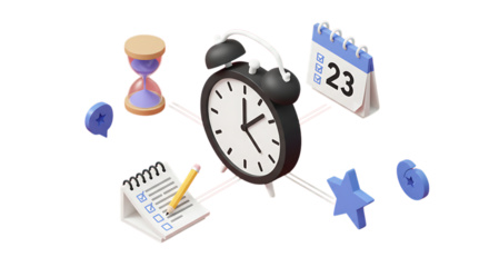 Adhd focus tools in remote work time management concept with alarm clock, hourglass, and calendar isolated on transparent background