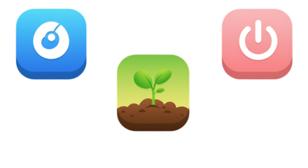 Green Seedling Growing Out of Brown Soil with Power Button and Settings Icons