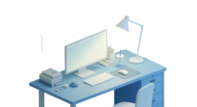 Adhd focus tools in remote work modern minimalist desk setup with computer, keyboard, and lamp isolated on transparent background