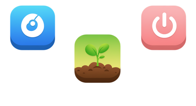 Adhd focus tools in remote work three app icons music, plant growth, power button isolated on transparent background