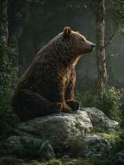 Fototapeta premium ursine brown bear perched on stone within dim woodland