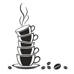 Black and white illustration of a stack of coffee cups with steam rising from the top cup.